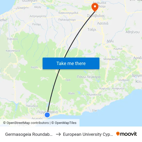Germasogeia Roundabout to European University Cyprus map