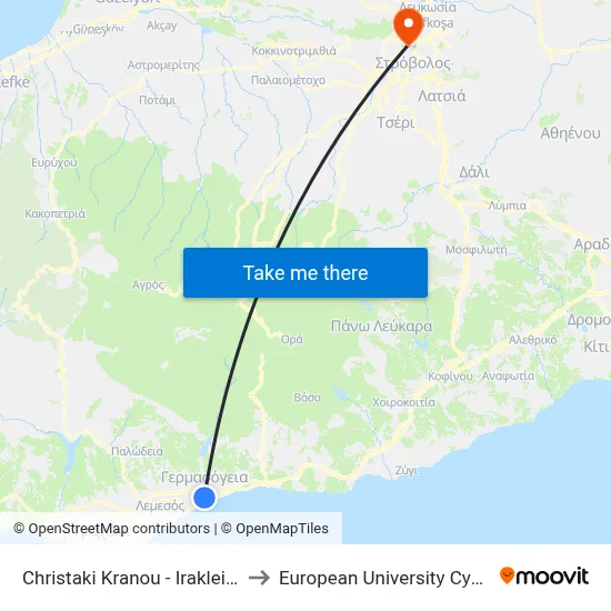 Christaki Kranou - Irakleidon to European University Cyprus map