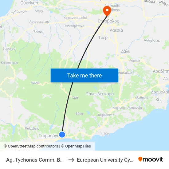 Ag. Tychonas Comm. Board to European University Cyprus map