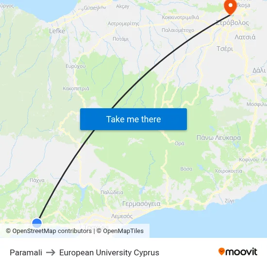 Paramali to European University Cyprus map