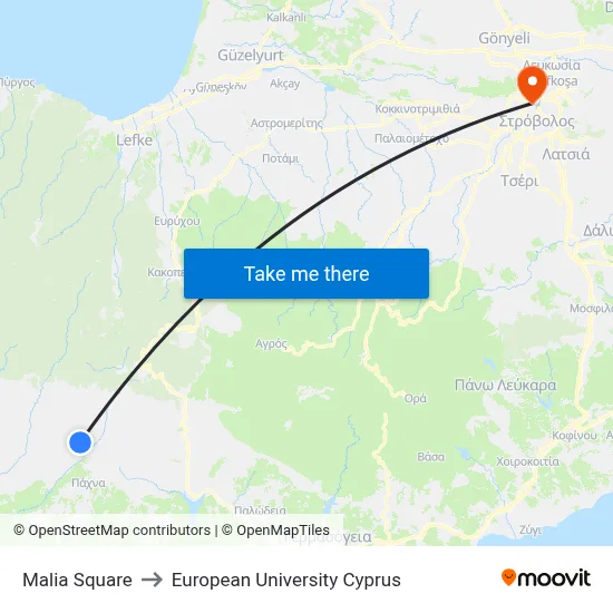 Malia Square to European University Cyprus map