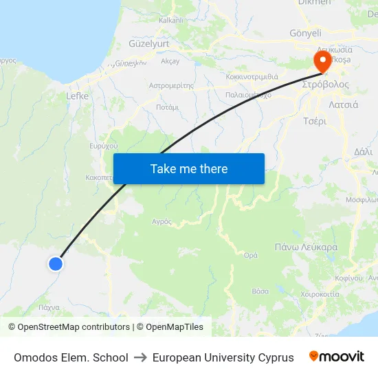 Omodos Elem. School to European University Cyprus map