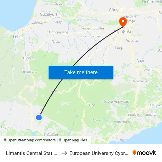 Limantis Central Station to European University Cyprus map