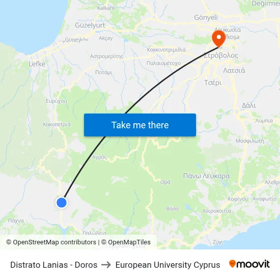 Distrato Lanias - Doros to European University Cyprus map