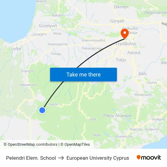 Pelendri Elem. School to European University Cyprus map