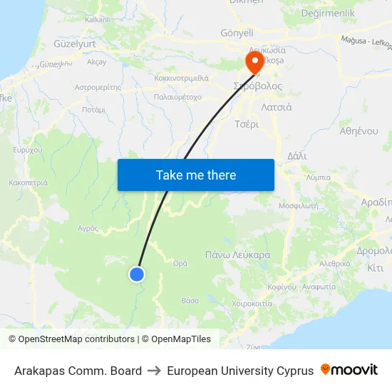 Arakapas Comm. Board to European University Cyprus map