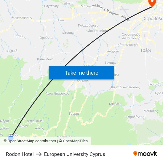 Rodon Hotel to European University Cyprus map