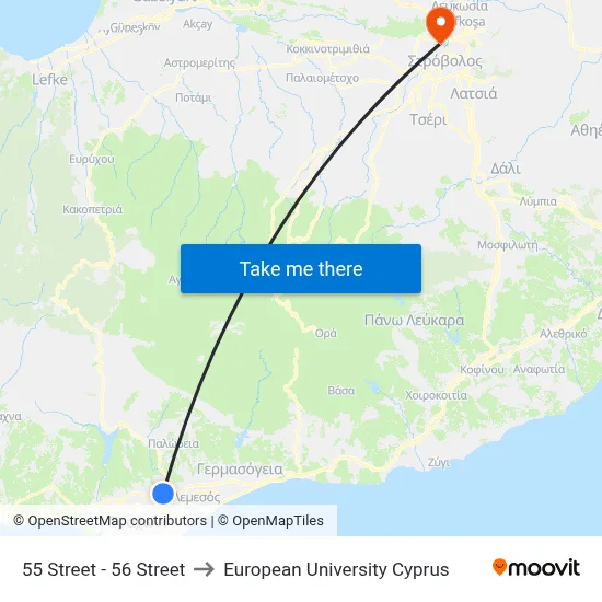 55 Street - 56 Street to European University Cyprus map