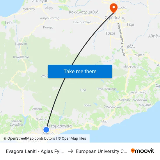 Evagora Laniti - Agias Fylaxeos to European University Cyprus map