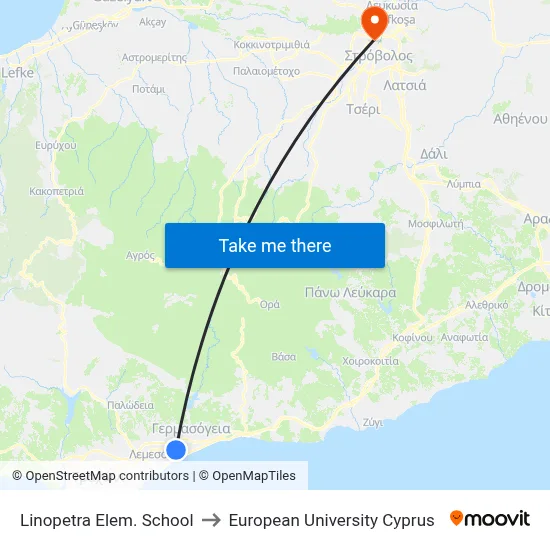 Linopetra Elem. School to European University Cyprus map