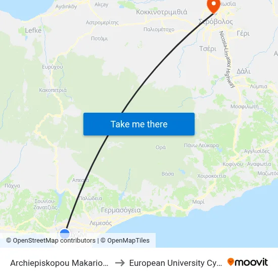 Archiepiskopou Makariou C 2 to European University Cyprus map