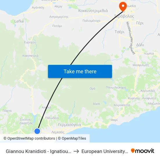 Giannou Kranidioti - Ignatiou Georgiou to European University Cyprus map