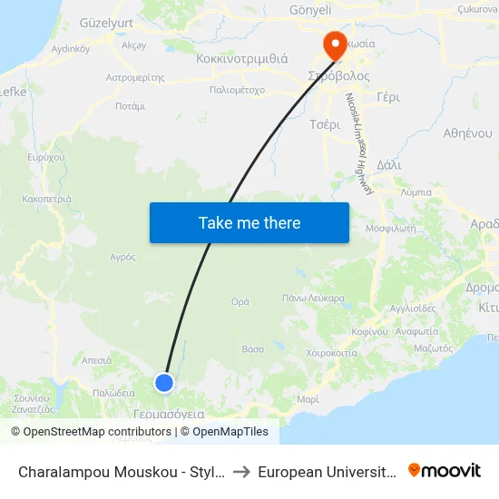 Charalampou Mouskou - Stylianou Lena to European University Cyprus map