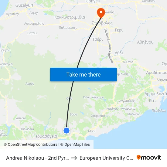 Andrea Nikolaou - 2nd Pyrgos 2 to European University Cyprus map