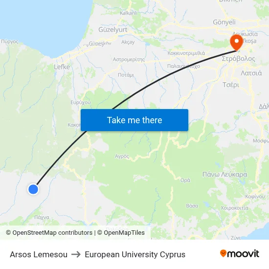 Arsos Lemesou to European University Cyprus map