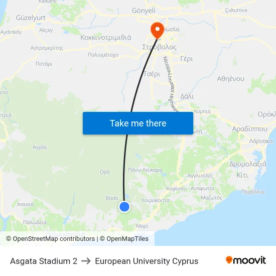 Asgata Stadium 2 to European University Cyprus map