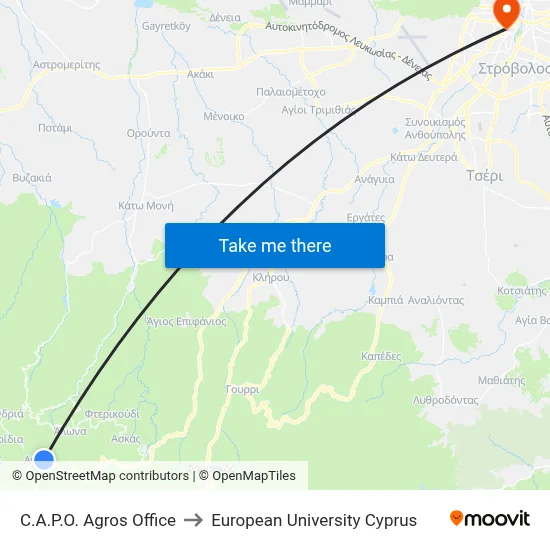 C.A.P.O. Agros Office to European University Cyprus map