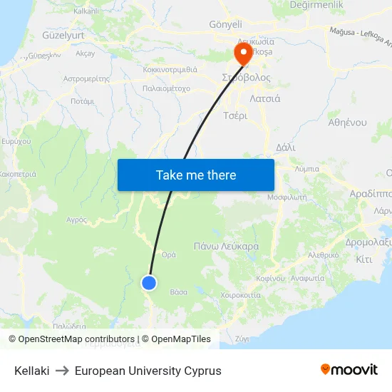 Kellaki to European University Cyprus map