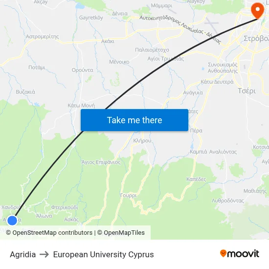 Agridia to European University Cyprus map
