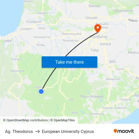 Ag. Theodoros to European University Cyprus map