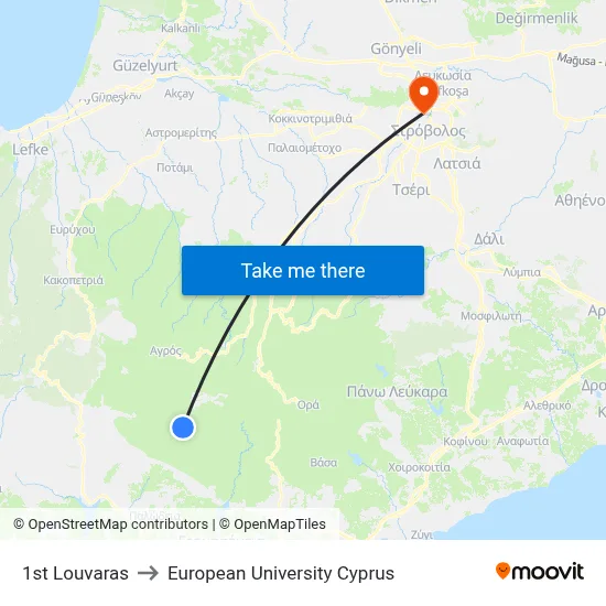 1st Louvaras to European University Cyprus map