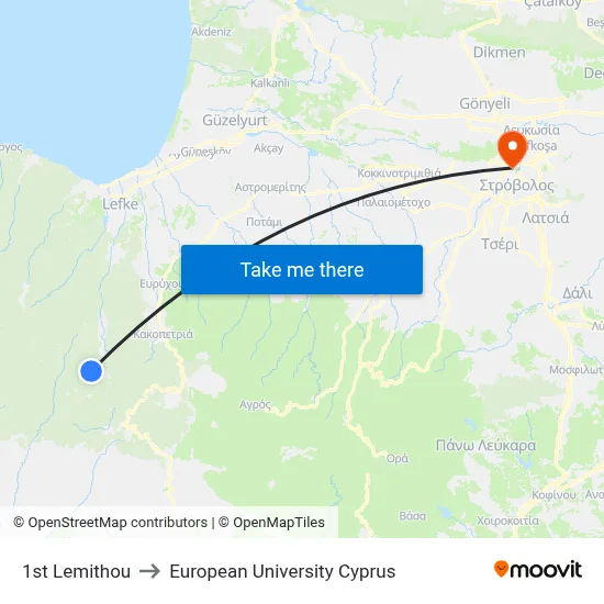 1st Lemithou to European University Cyprus map