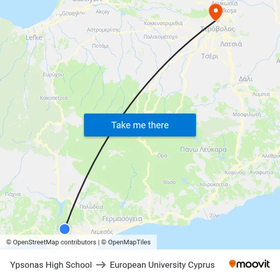 Ypsonas High School to European University Cyprus map