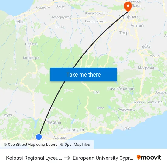 Kolossi Regional Lyceum to European University Cyprus map