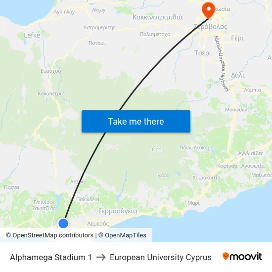 Alphamega Stadium 1 to European University Cyprus map