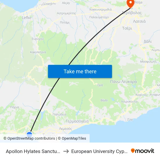 Apollon Hylates Sanctuary to European University Cyprus map