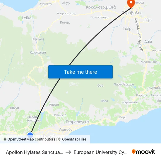 Apollon Hylates Sanctuary 1 to European University Cyprus map