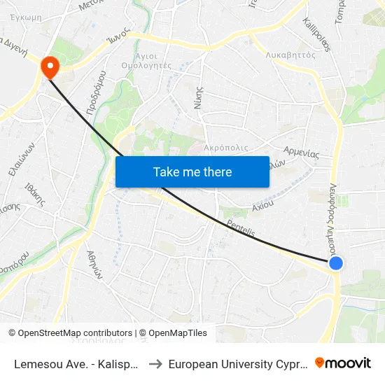 Lemesou Avenue - Kalispera to European University Cyprus map