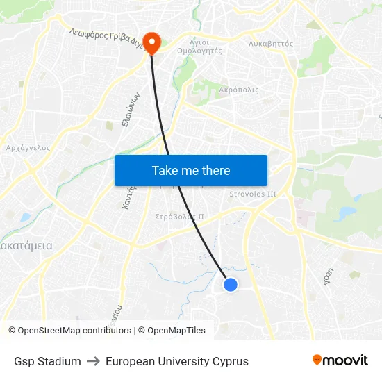 GSP Stadium to European University Cyprus map