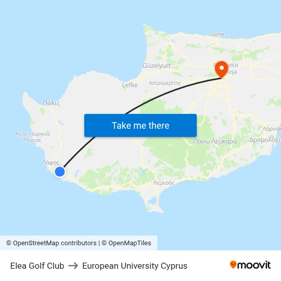Elea Golf Club to European University Cyprus map