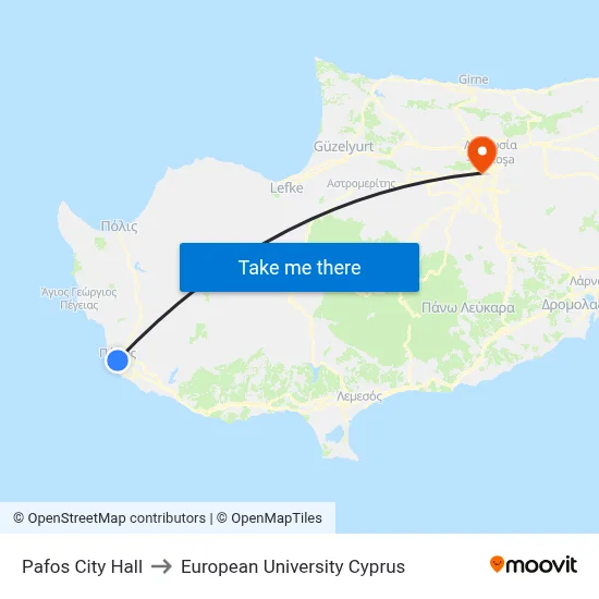 Paphos City Hall to European University Cyprus map