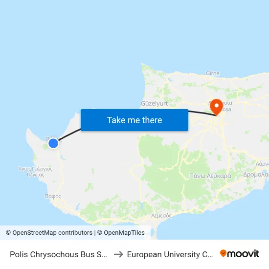Polis Chrysochous Bus Station to European University Cyprus map