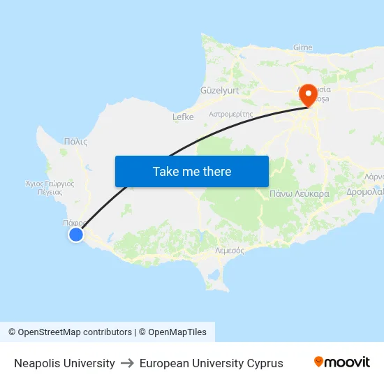 Neapolis University to European University Cyprus map