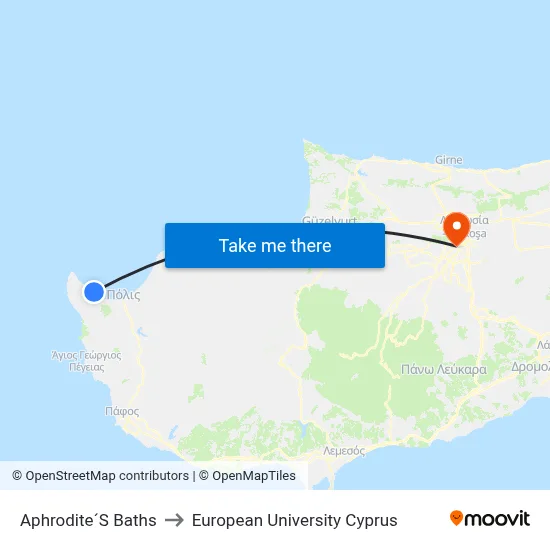 Aphrodite´S Baths to European University Cyprus map