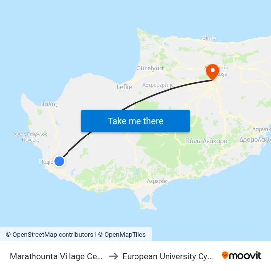 Marathounta Village Centre to European University Cyprus map