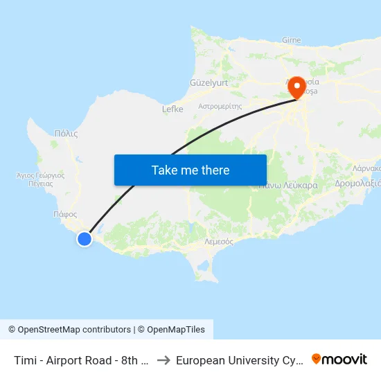 Timi - Airport Road - 8th Stop to European University Cyprus map