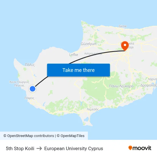 5th Stop Koili to European University Cyprus map