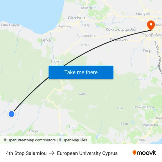 4th Stop Salamiou to European University Cyprus map