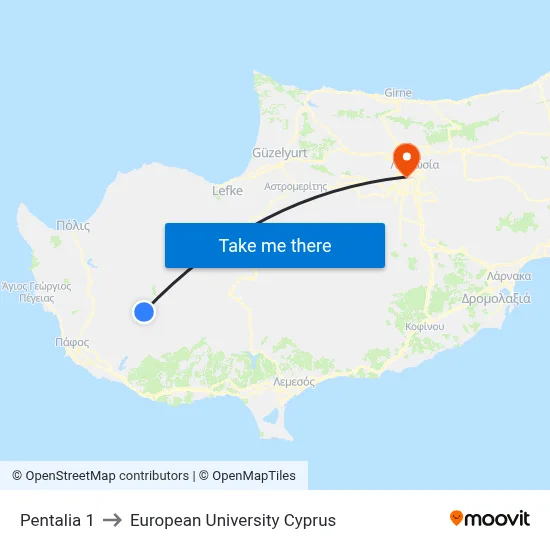 Pentalia to European University Cyprus map