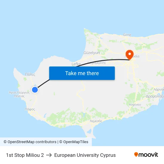 1st Stop Miliou 2 to European University Cyprus map