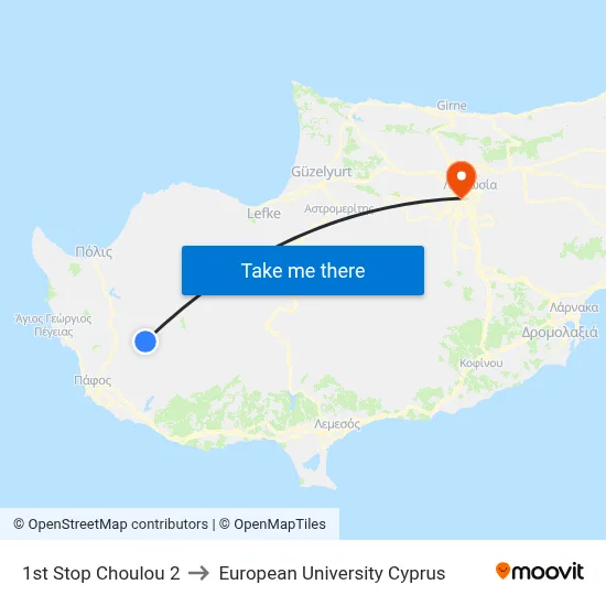 1st Stop Choulou 2 to European University Cyprus map