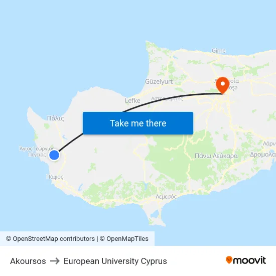 Akoursos to European University Cyprus map