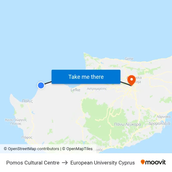 Pomos Cultural Centre to European University Cyprus map