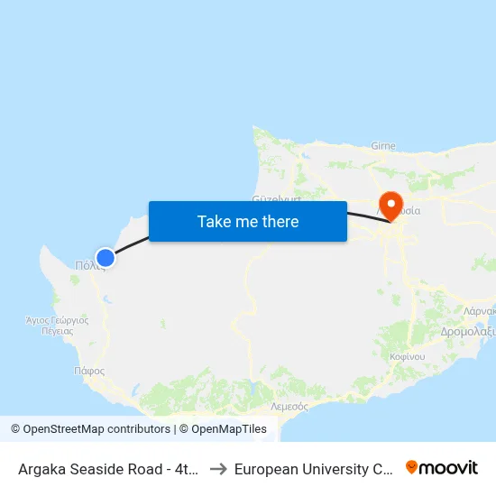 Argaka Seaside Road - 4thstop to European University Cyprus map