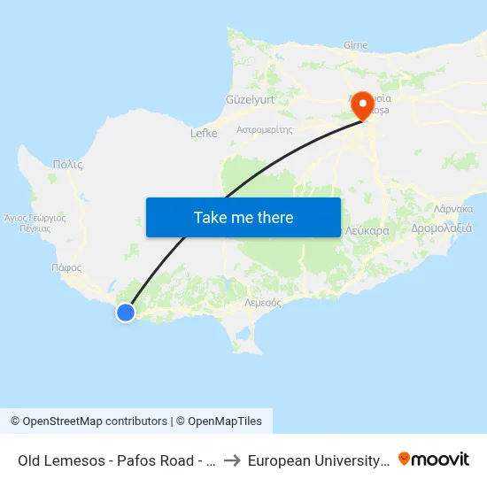 Old Limassol - Paphos Road - 13th Stop to European University Cyprus map
