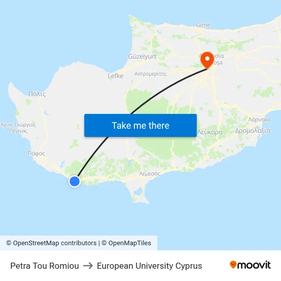 Petra tou Romiou to European University Cyprus map